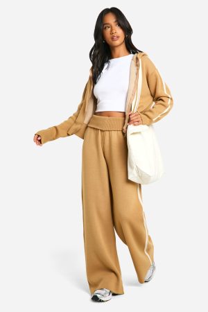 Petite Stripe Detail Knitted Hoody And Waist Detail Flared Trouser