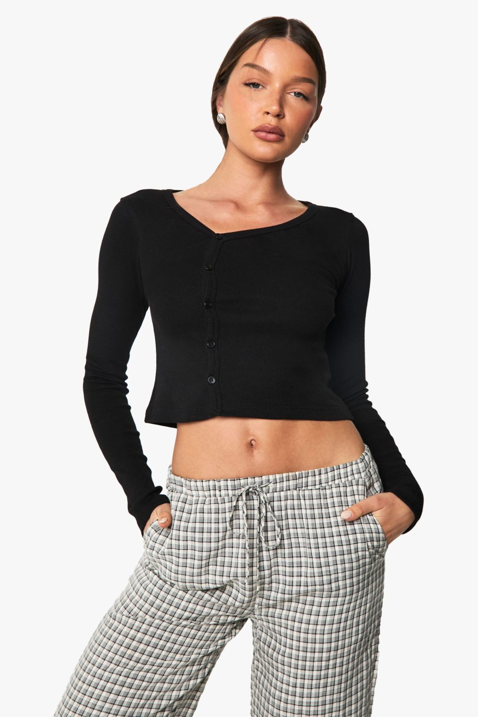 Rib Asymetric Neckline Long Sleeve Top