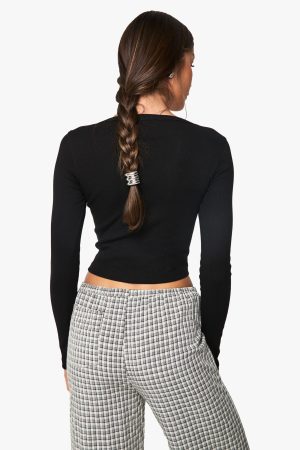 Rib Asymetric Neckline Long Sleeve Top
