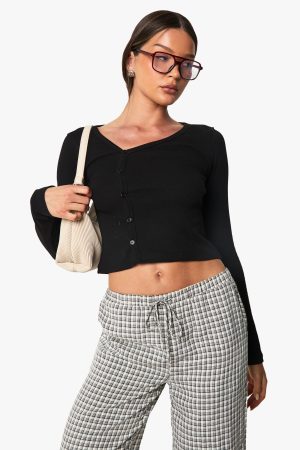 Rib Asymetric Neckline Long Sleeve Top