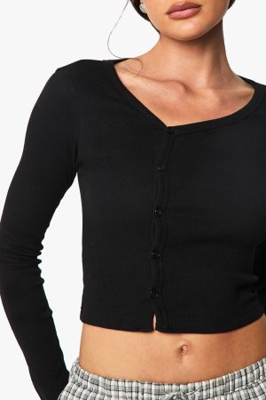 Rib Asymetric Neckline Long Sleeve Top