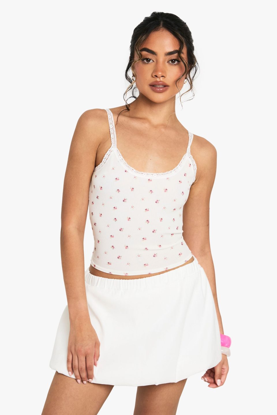ditsy print rib lace trim vest top