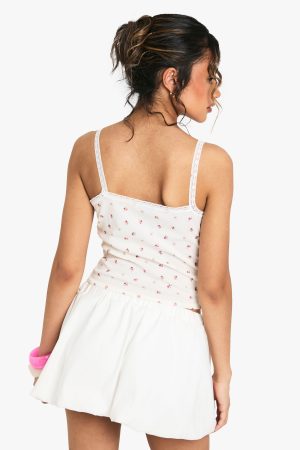ditsy print rib lace trim vest top