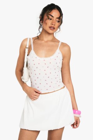 ditsy print rib lace trim vest top