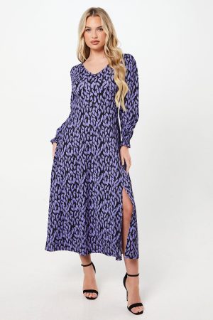 Petite Blue Animal V Neck Midi Dress