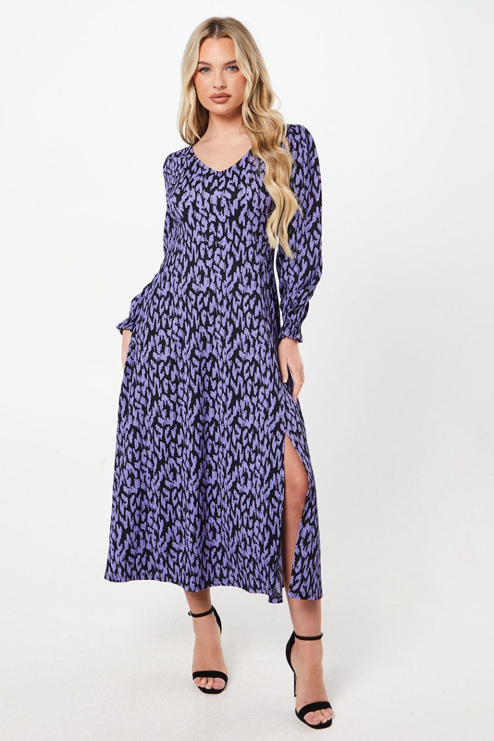 Petite Blue Animal V Neck Midi Dress