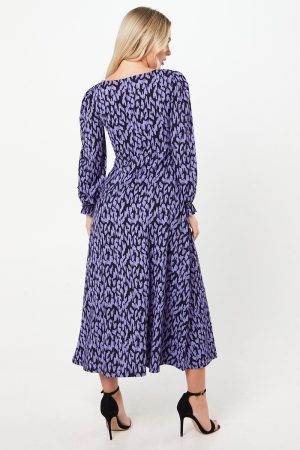Petite Blue Animal V Neck Midi Dress