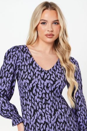 Petite Blue Animal V Neck Midi Dress