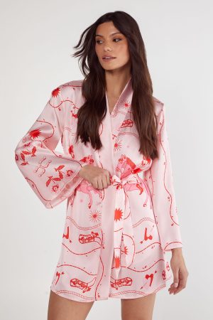 Satin Western Placement Print Robe