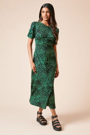 Petite Animal Ruched Sleeve Midi Dress