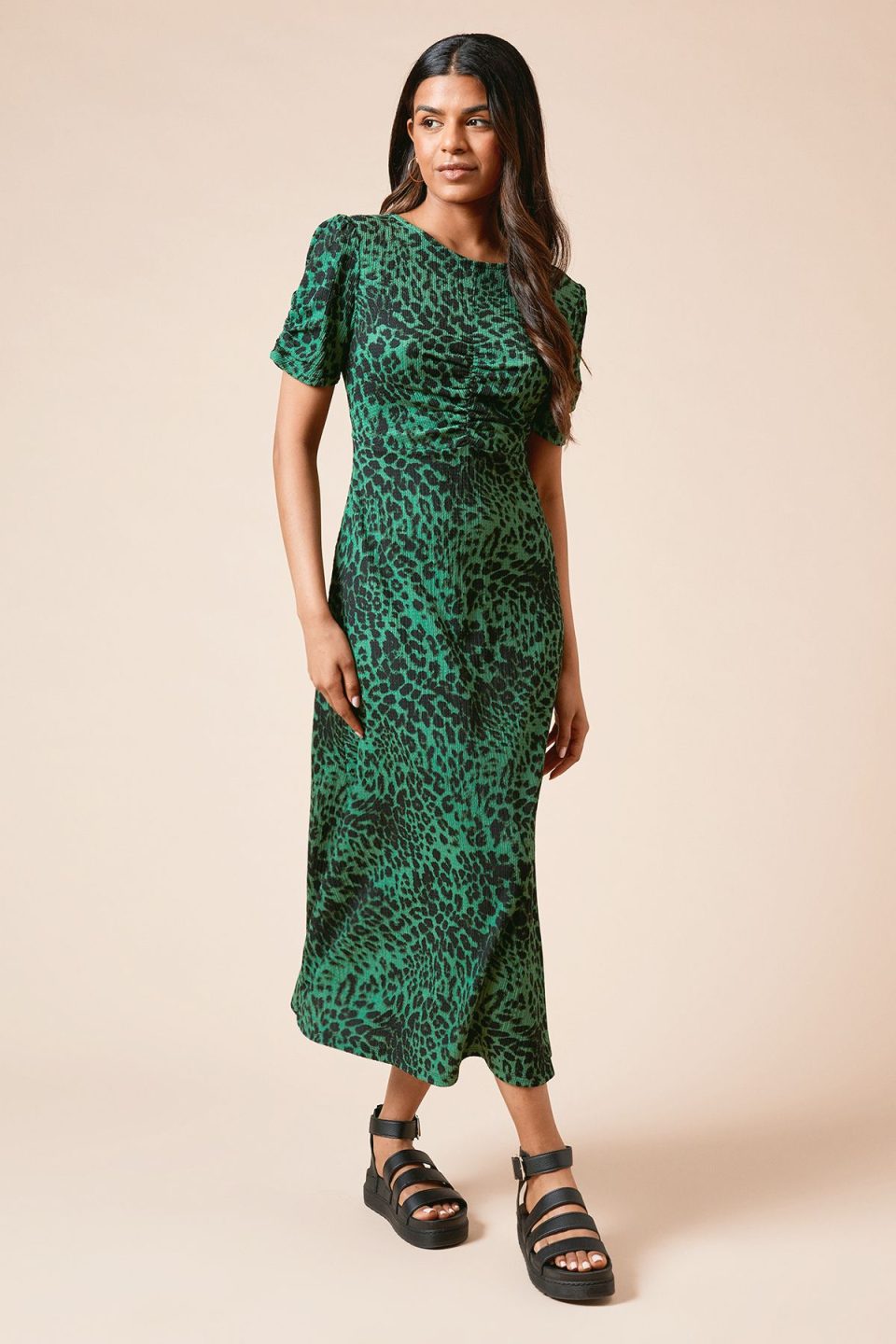 Petite Animal Ruched Sleeve Midi Dress