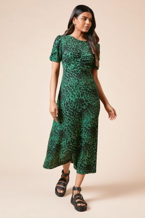 Petite Animal Ruched Sleeve Midi Dress