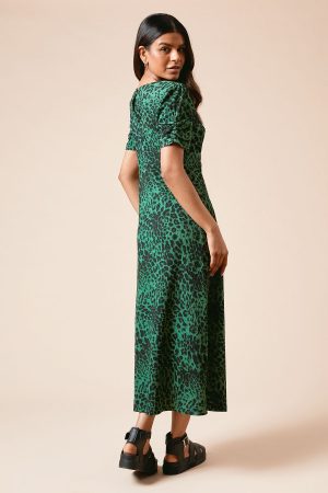 Petite Animal Ruched Sleeve Midi Dress