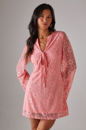 Lace Tie Front Flare Sleeve Mini Dress