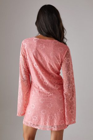 Lace Tie Front Flare Sleeve Mini Dress