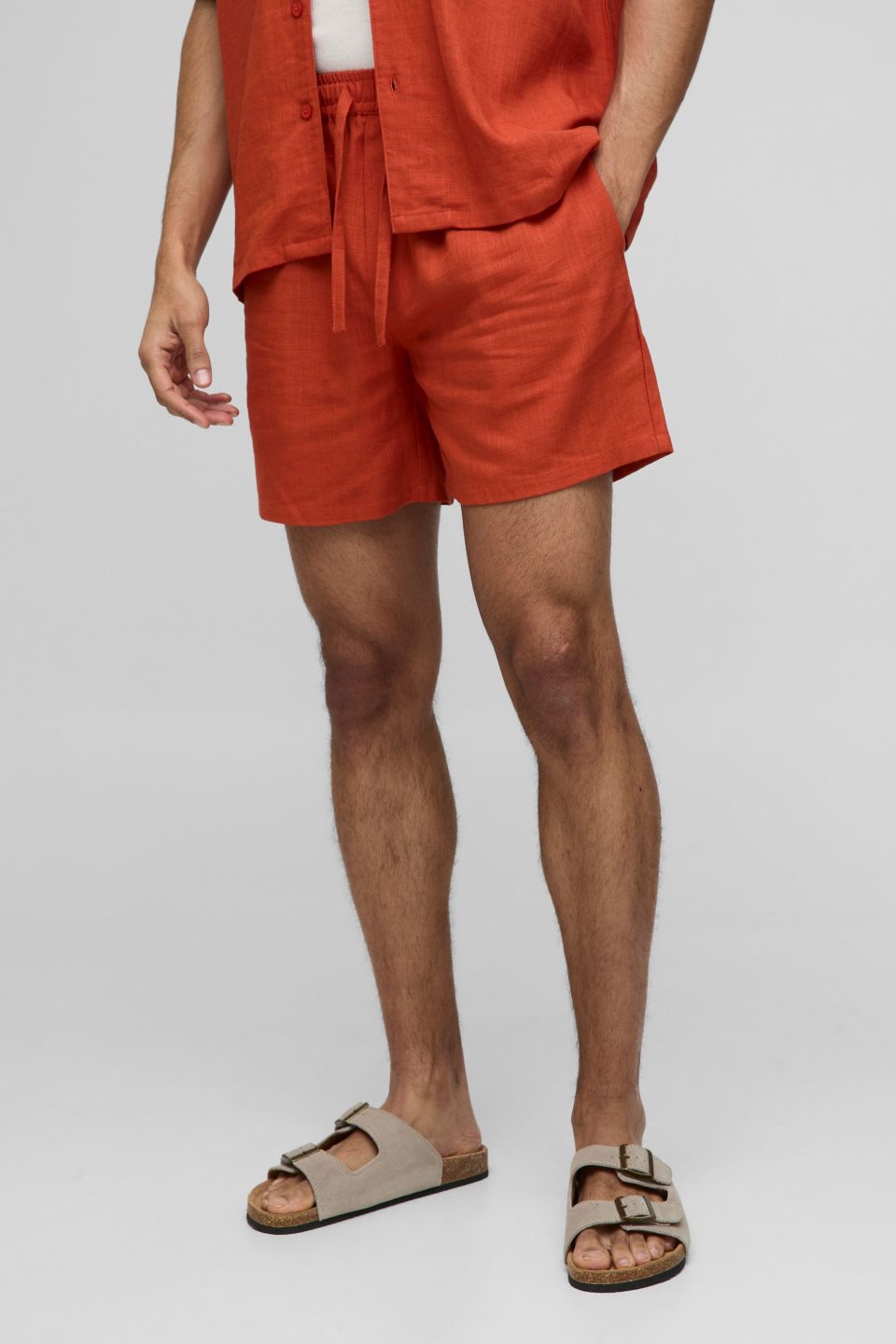 Half & Half Waistband Relaxed Fit Linen Blend Shorts