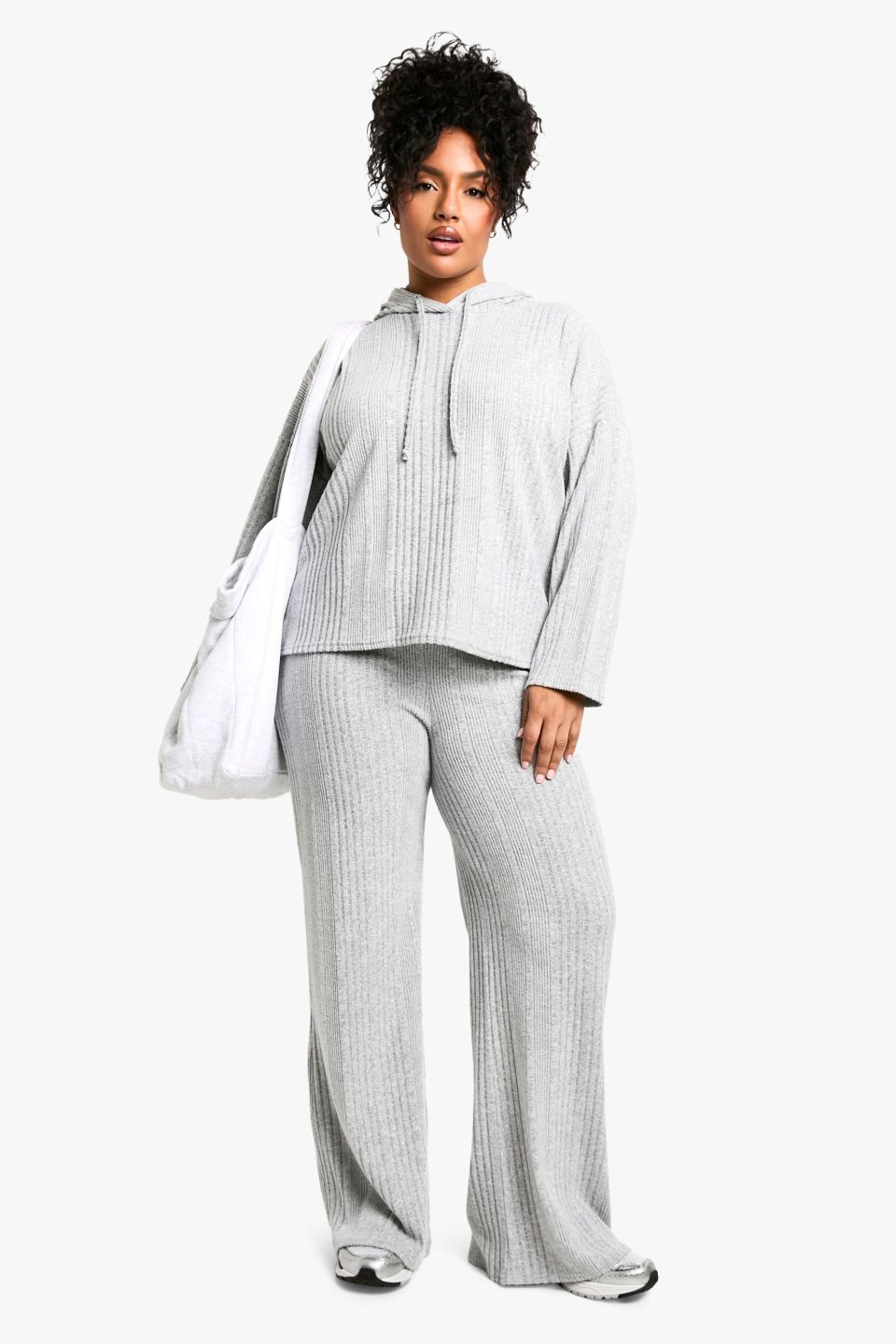 Plus Soft Rib Hoodie And Trouser Knitted Set