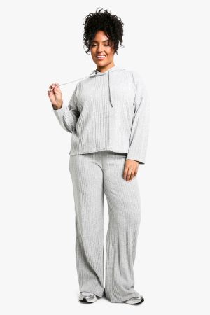 Plus Soft Rib Hoodie And Trouser Knitted Set