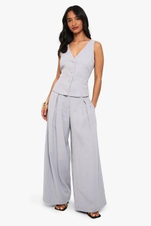 Petite Pleat Detail Wide Leg Tailored Trouser