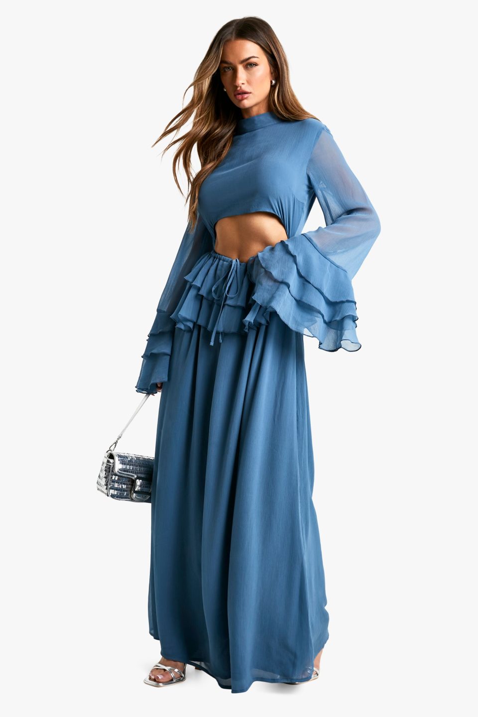 Crinkle Chiffon Ruffle Flare Sleeve Maxi Dress
