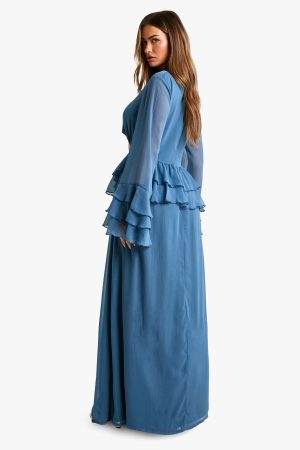 Crinkle Chiffon Ruffle Flare Sleeve Maxi Dress
