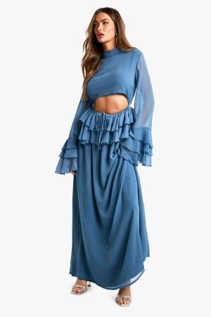 Crinkle Chiffon Ruffle Flare Sleeve Maxi Dress