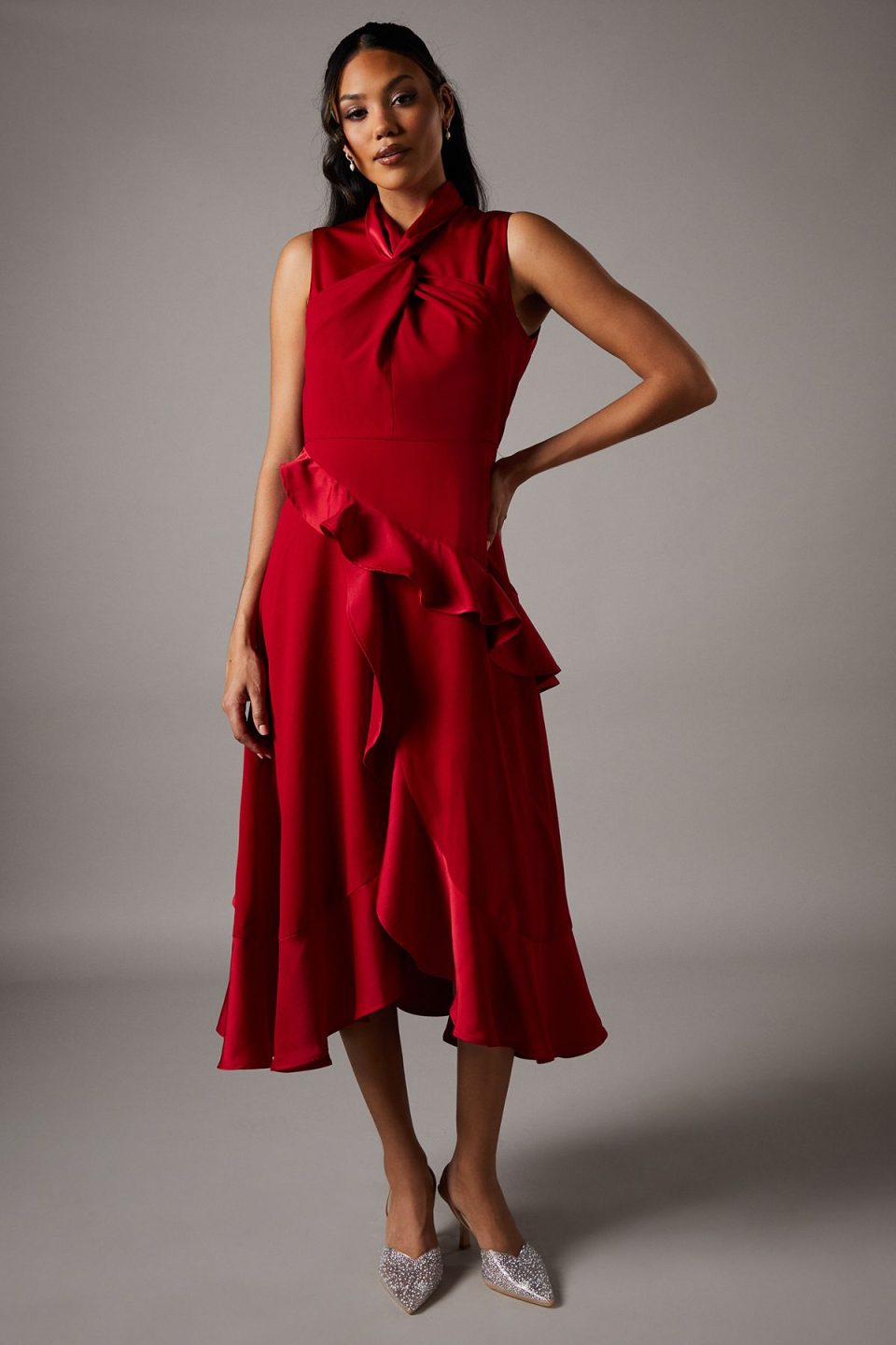 Twist Neck Ruffle Detail Satin Back Crepe Midi Dress