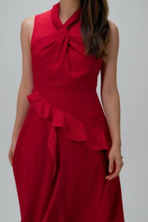 Twist Neck Ruffle Detail Satin Back Crepe Midi Dress