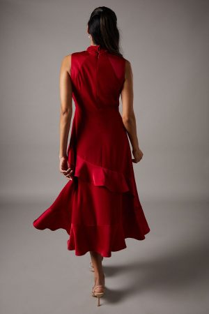 Twist Neck Ruffle Detail Satin Back Crepe Midi Dress