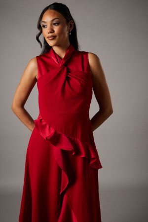 Twist Neck Ruffle Detail Satin Back Crepe Midi Dress
