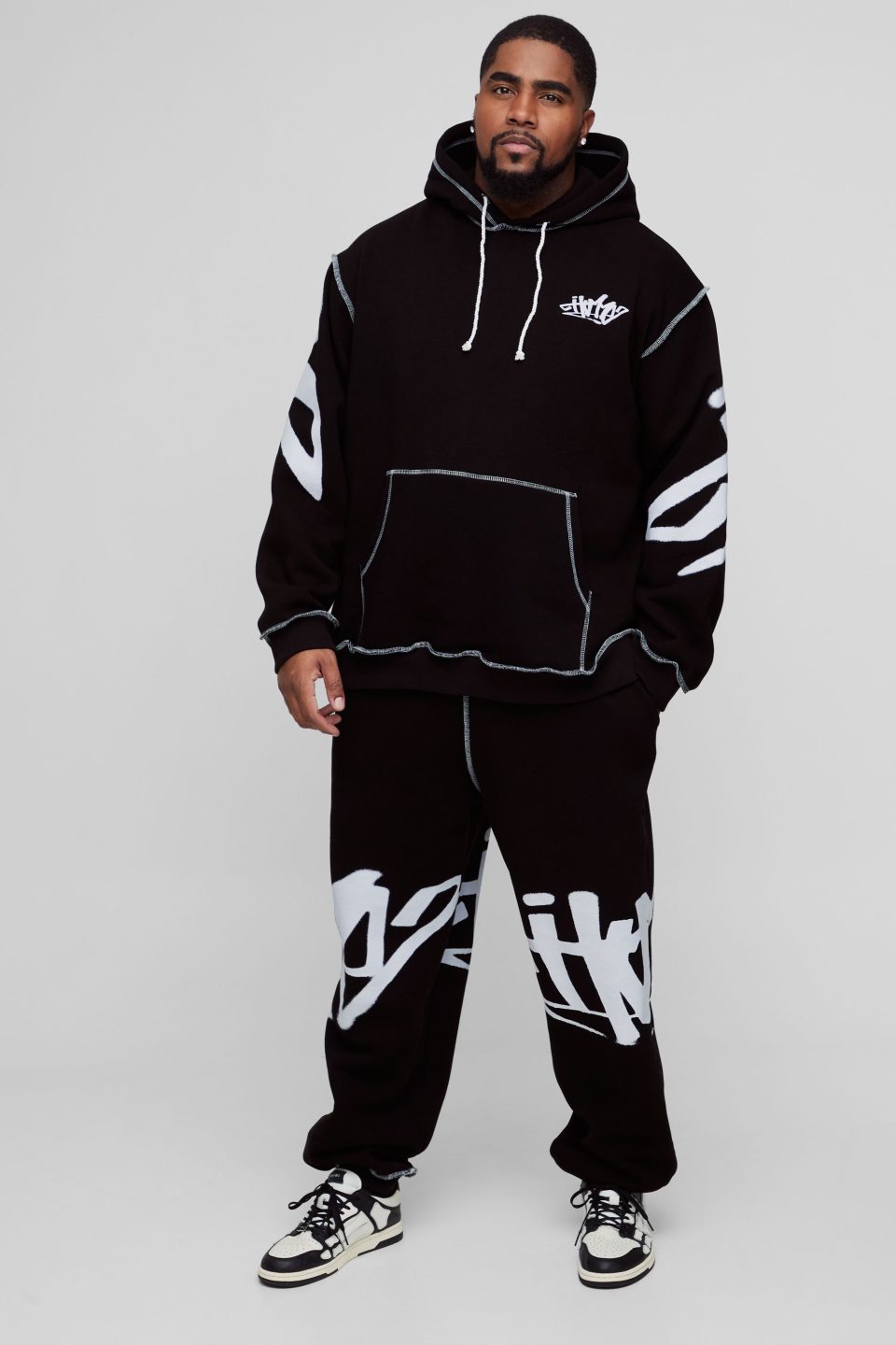 Plus Oversized Man Graffiti Rope Drawcord Hooded Tracksuit