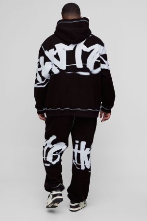 Plus Oversized Man Graffiti Rope Drawcord Hooded Tracksuit
