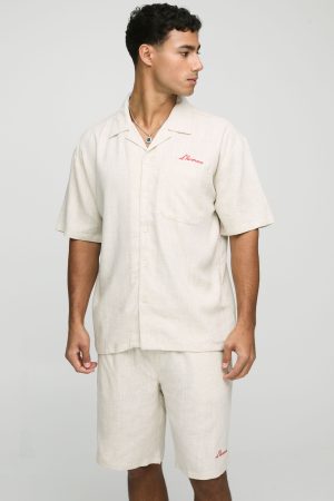 Oversized L’homme Embroidered Heavyweight Linen Shirt & Short Set
