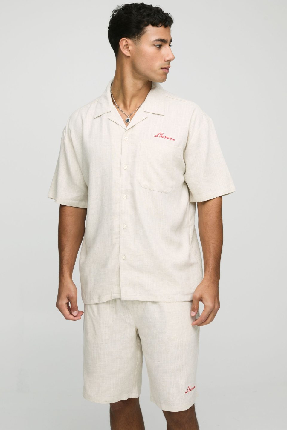 Oversized L'homme Embroidered Heavyweight Linen Shirt & Short Set