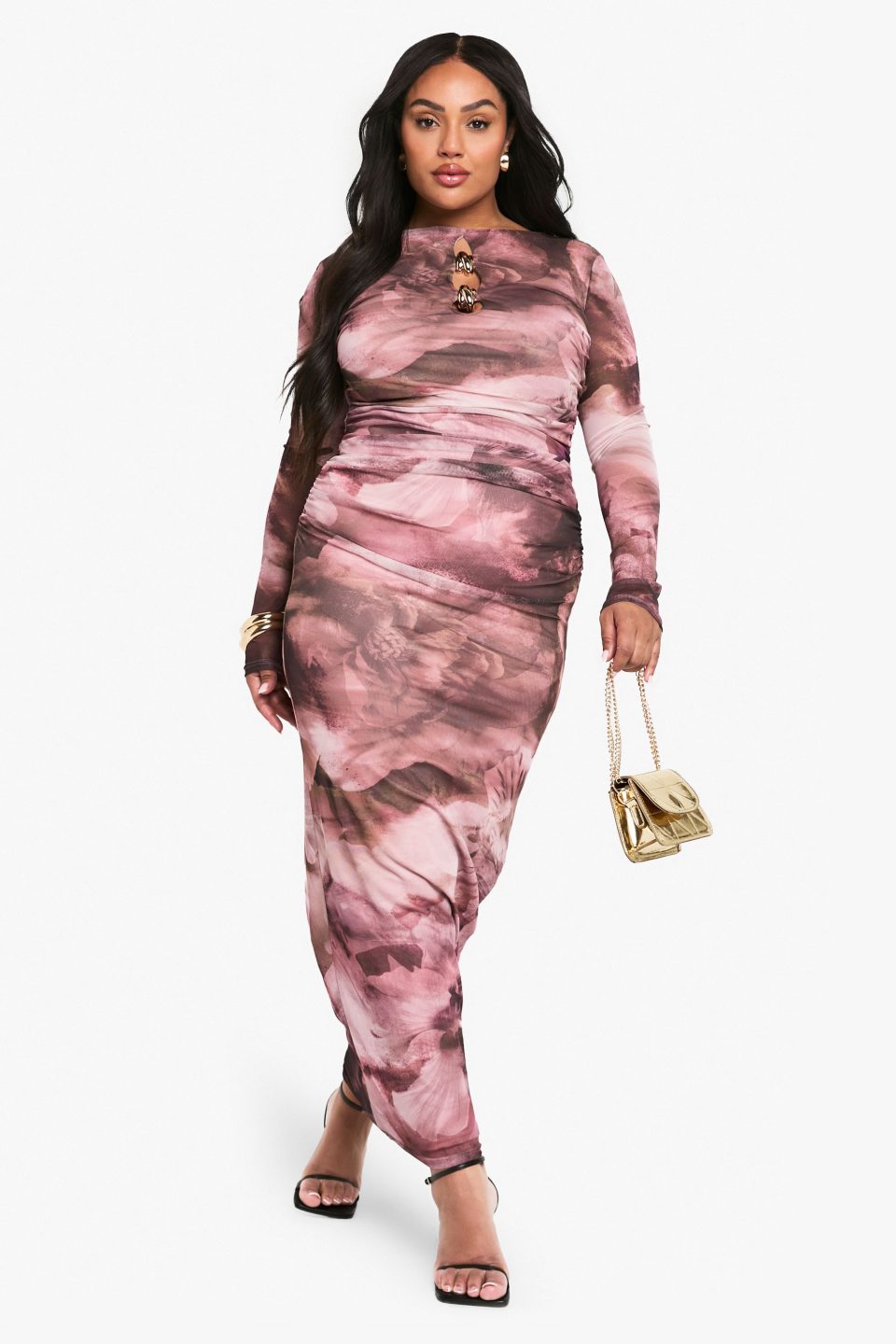 plus trim detail abstract mesh maxi dress