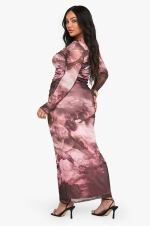 plus trim detail abstract mesh maxi dress