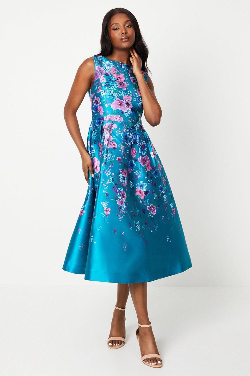 Floral Printed Twill Midi Dress With Pockets
