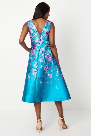 Floral Printed Twill Midi Dress With Pockets