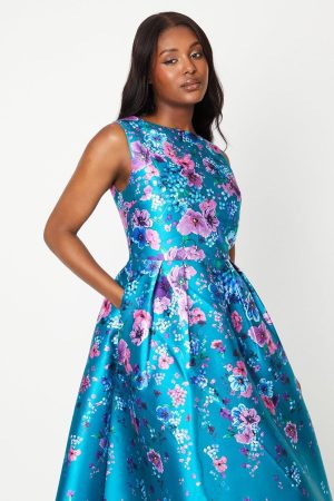 Floral Printed Twill Midi Dress With Pockets