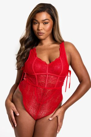 Plus Lace Bodice Detail Lace Up Bodysuit