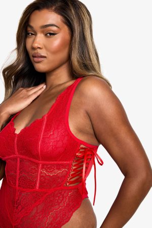 Plus Lace Bodice Detail Lace Up Bodysuit