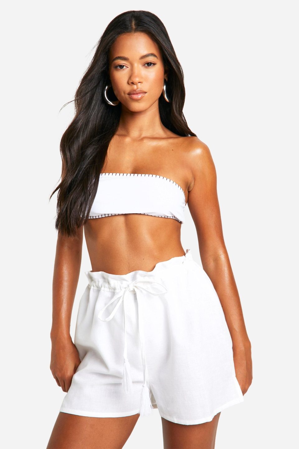 Linen Look Paper Bag Tassel Beach Shorts