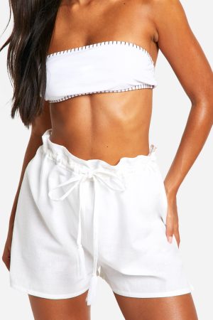 Linen Look Paper Bag Tassel Beach Shorts