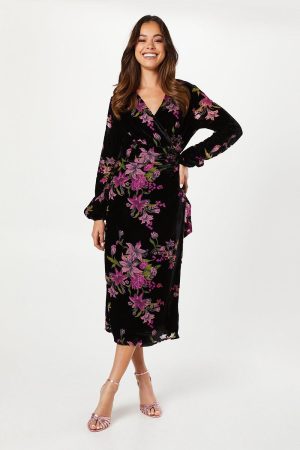 Velvet Devore Blouson Sleeve Wrap Dress