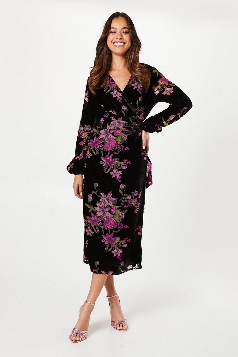 Velvet Devore Blouson Sleeve Wrap Dress