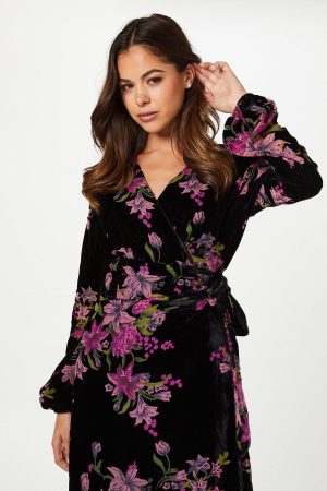 Velvet Devore Blouson Sleeve Wrap Dress