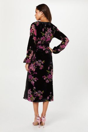 Velvet Devore Blouson Sleeve Wrap Dress