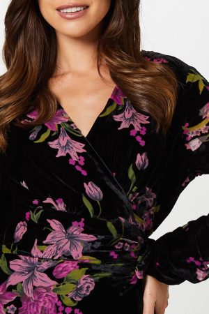 Velvet Devore Blouson Sleeve Wrap Dress