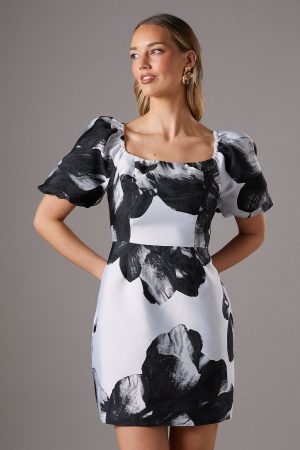 Floral Jacquard Mini Puff Sleeve Dress