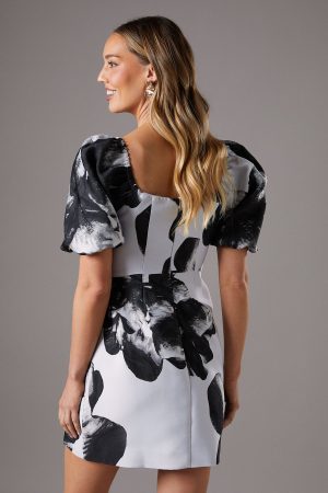 Floral Jacquard Mini Puff Sleeve Dress